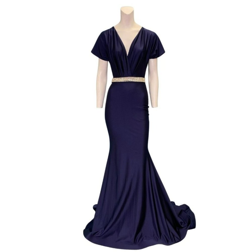 Jessica Angel 879 Short Sleeve Rhinestone Trimmed Gown Navy Blue Size XS NWT